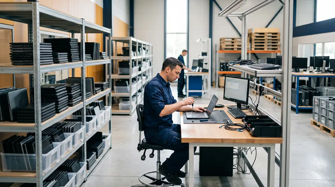 Technician inspecting a laptop in the Beesquare refurbishment facility